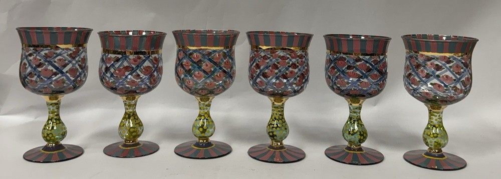 MacKenzie-Childs Circus Rose Arbor Hand Painted Wine Goblets Set 6 Vintage B16