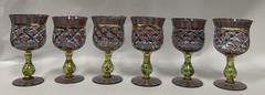 MacKenzie-Childs Circus Rose Arbor Hand Painted Wine Goblets Set 6 Vintage B16