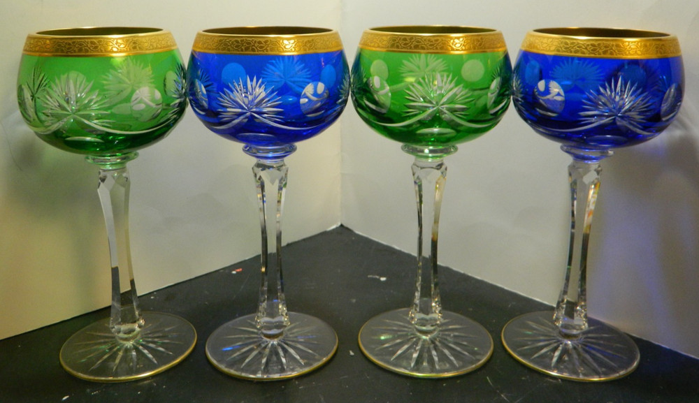 Vintage Set Of (4) Bohemian Cut To Clear Wine Hocks w/ 24kt. Gilding 7.81″x3.25″