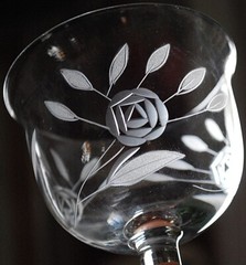 Vintage Set 6 HAND CUT Wine Glasses Ball Stem GREY CUT ROSES w LEAVES 4.5″