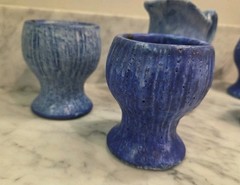 Vintage McCarty Pottery Cobalt Goblet Set with Pitcher Rivermarks