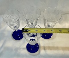 6 Vintage Clear w/ Cobalt Blue Stem Base Etched Bouquet Cordial Glasses Set of 6