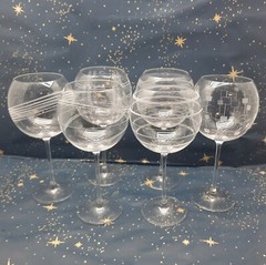 Mikasa Cheers Crystal Wine Etched Glasses Dots Swirls Lines Set of 6 -EUC Bubble