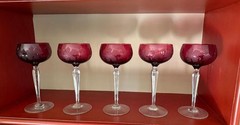 Five (5) Cranberry Wine Goblets