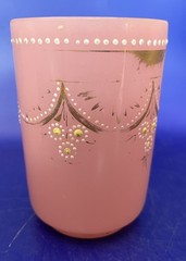 Two Antique Glass Tiumblers – Hand Painted Opaline and Satin Glass
