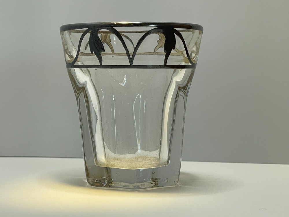 Clear Glass Shot Glass with Silver Overlay Unmarked Vintage