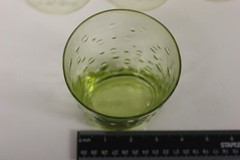 Set of 13 oval, green bubbled glass drinking glasses, 12 fluid oz capacity