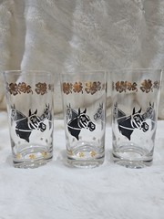 Mid-Century Black Racehorse & Gold 4 Leaf Clover Clear Glasses Set Of 3 Barware