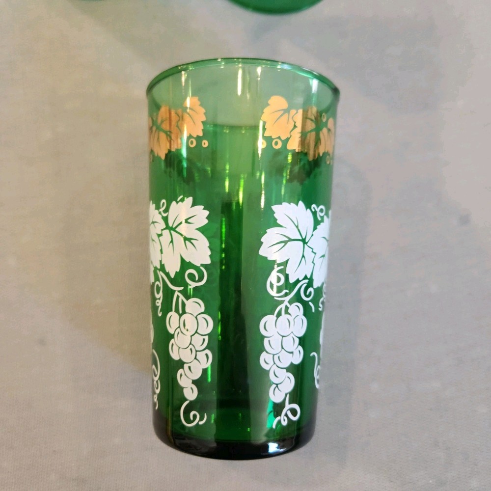 Green Vtg Juice Glass Anchor Hocking Grape Vine White Gold Set Of 3