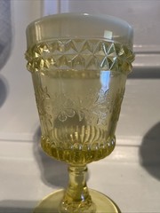 L.G. WRIGHT~VASELINE GOBLET~WILDFLOWER W/ OPALESCENT RIM & DIAMOND PATTERN~6”