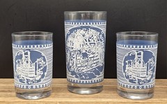Lot of 3 Currier and Ives Blue Bar Glasses 2 Steamboat 1 Farm Scene