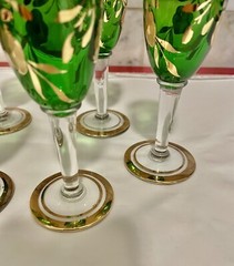 Stemware-(6) Emerald Green and Gold Floral Design-Sherry/cordial Flutes-