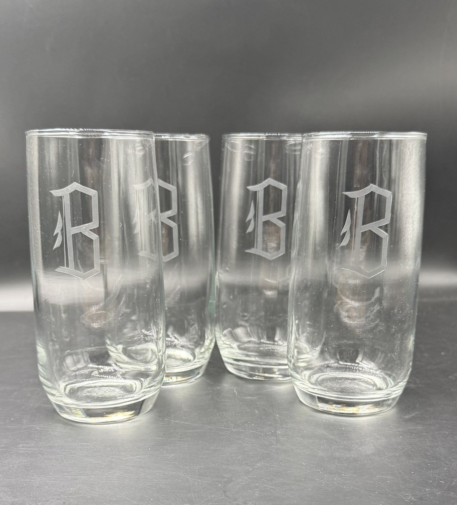 Vintage Set Of 4 Old English Etched Glass Tumbler Letter “B”. 6”