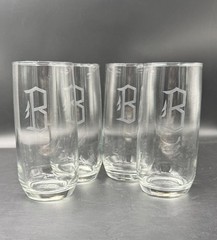 Vintage Set Of 4 Old English Etched Glass Tumbler Letter “B”. 6”