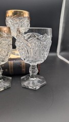 US Glass Comet Pattern Stemmed Goblets Gold Rim Buzz Star Whirligig Set of 5