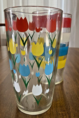Colorful Tulips / Stripes 30 oz. Glass Tumblers Retro MCM Large Tall – Set of 2