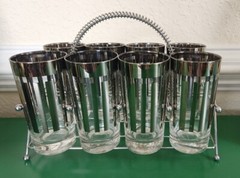 MCM 8 Silver Band Stripe Tumber Barware Glasses W/ Chrome Carrier Mid Century