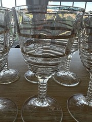 Vintage Set Of 8 Gold Stripped Stem Cordial Glass With Ribbed Stem