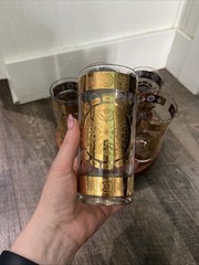 5 MCM Vtg Vitro Bari Gold Crest 22kt Set Gold Leaf Highball Tumbler Glasses Vtg
