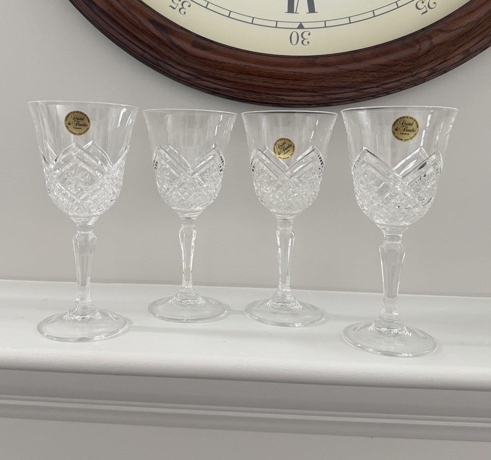Crystal De Flandre France Genuine Lead Crystal Set Of 4 Glasses Water Wine EUC