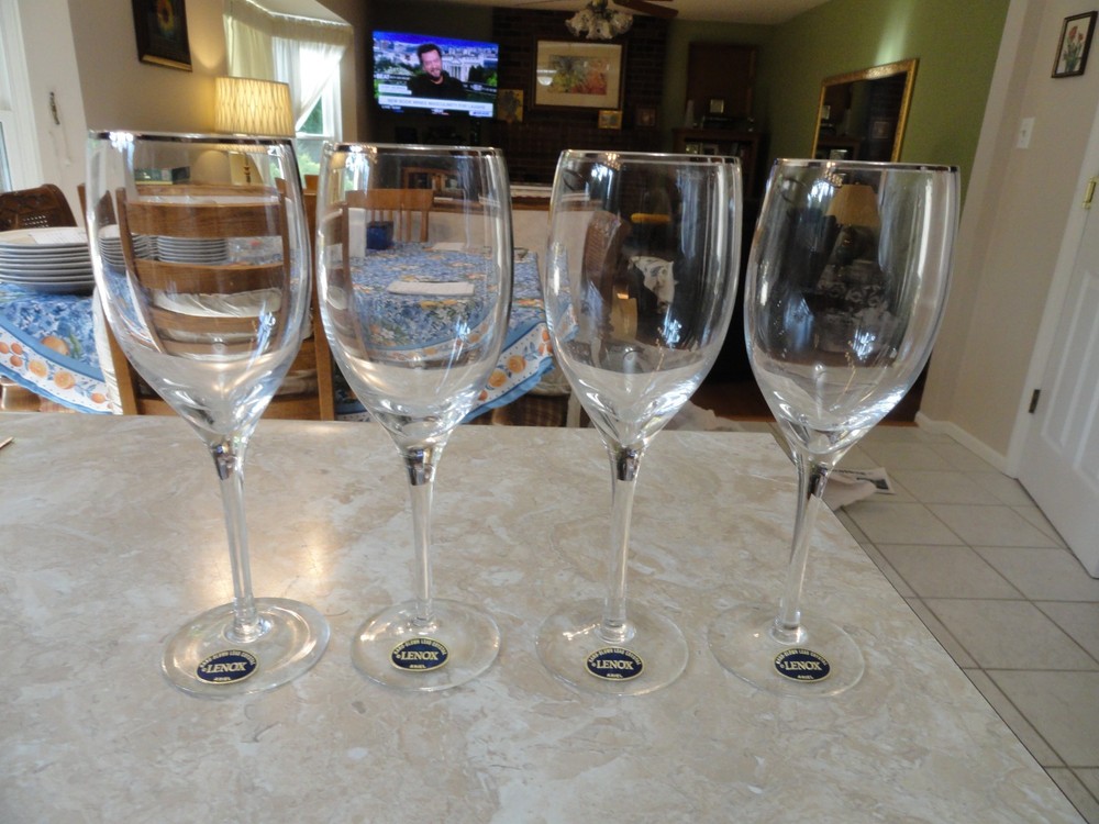 Set of 4 Lenox Ariel Platinum Trimmed 8 1/4″ 8 oz. Water Goblets New with Labels