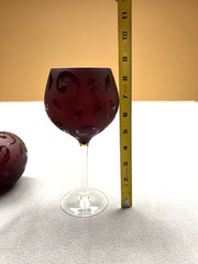 Ruby Red Wine Glasses Round Bowl Goblets Floral Etched, Clear Stems, 20 oz (2)