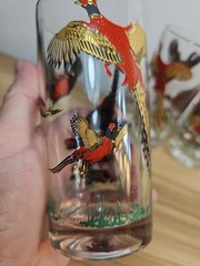 Vintage MCM Red Gold Ringneck Pheasant Tall Barware Glasses Set of 3