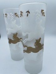 1950s Libbeys Cavalcade Highball Glasses Stallion horse Frosted White/Gold Paint