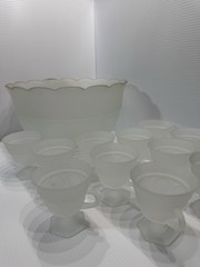 VTG 1970s Tiara Frosted Glass Punch Bowl Set, 1 Bowl & 12 Glasses with hangers.