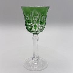 Bohemian Green Cut to Clear Crystal Wine Glass Faceted Stem Starburst Base 4.5”
