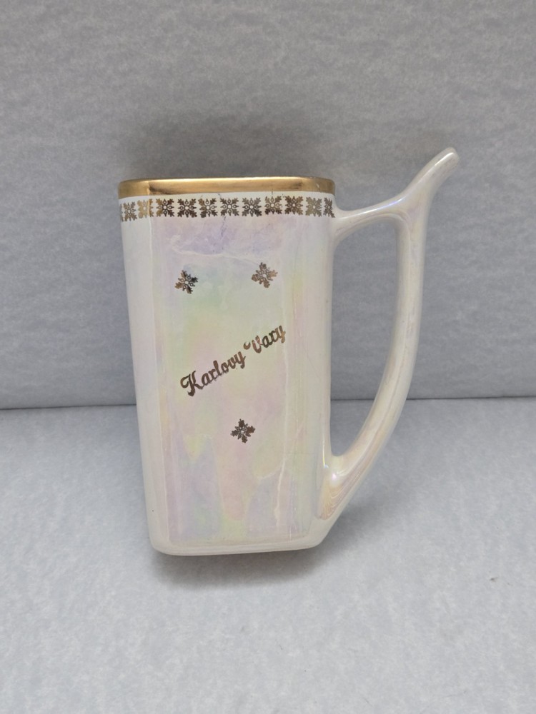 Vintage Karlovy Vary Gold Trim Iridescent Porcelain Sipper Spa Cup Czech 6″