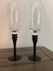 Mikasa Crystal Champagne Flutes Set 2 Etched Grapevine Black Twist Stem 9”