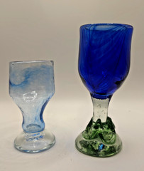 Hand Blown Studio Art Glass Goblets Set of 2 Blue Green Swirl Signed