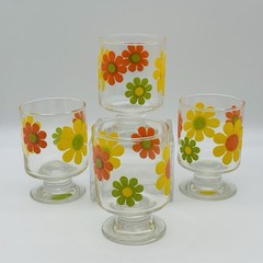 LIBBEY Stickers Flower Power Juice Glass Footed Tumblers 6oz MCM Retro Set~4