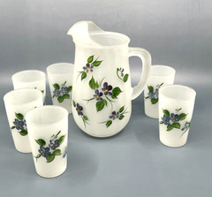 Frosted Glass Juice Pitcher with 6 Glasses Purple Violets Hand Painted Vintage