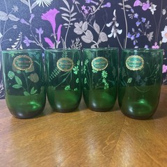 Set of 4 Anchor Hocking Forest Green Roly Poly 8oz Glasses Tumblers with Labels