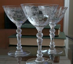 Vtg 3 Fostoria Chintz Etched Flower Art Glass Champagne Sherbet Set Bar Serving
