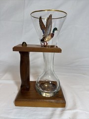 Antique Beer Flute with Hand Painted Mallory Duck and wood stand Collectible