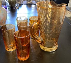 VTG Pitcher & Glasses Serving Set Amber Marigold Swirl Margarita Lemonade, Yea