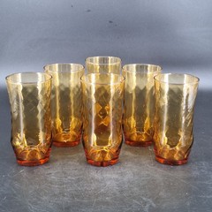 Lot of 6 Vintage Libbey Optic Swirl Amber Tumblers Glasses 6 1/8″ 12 Ounce