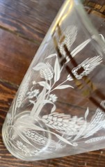 Large 6.5” Vintage Clear Glass Cup Vase – White Wheat W/ Greek Gold Around Top