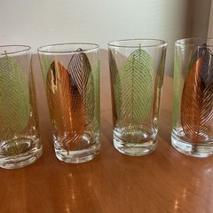 4 VINTAGE MCM 22KT GOLD & GREEN MODERN LEAF HIGHBALL GLASSES