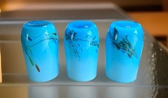 Dalian MCM Cased Hand Blown Art Glass Blue Multicolor 3 Tumbler Set
