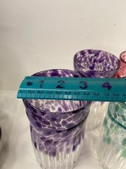 Set 5 Handblown Art Glass Tumblers Artist Signed Multicolored Pink Purple Aqua