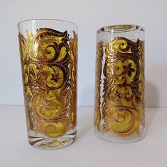 MCM Highball Glasses Gold Over Yellow Swirls Flowers On Clear Glass 5.5in Pair 2