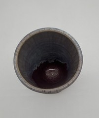 Pottery Goblet Cup 6in Glossy Blue Brown Ancient Arms of Hoffman Coat of Arms
