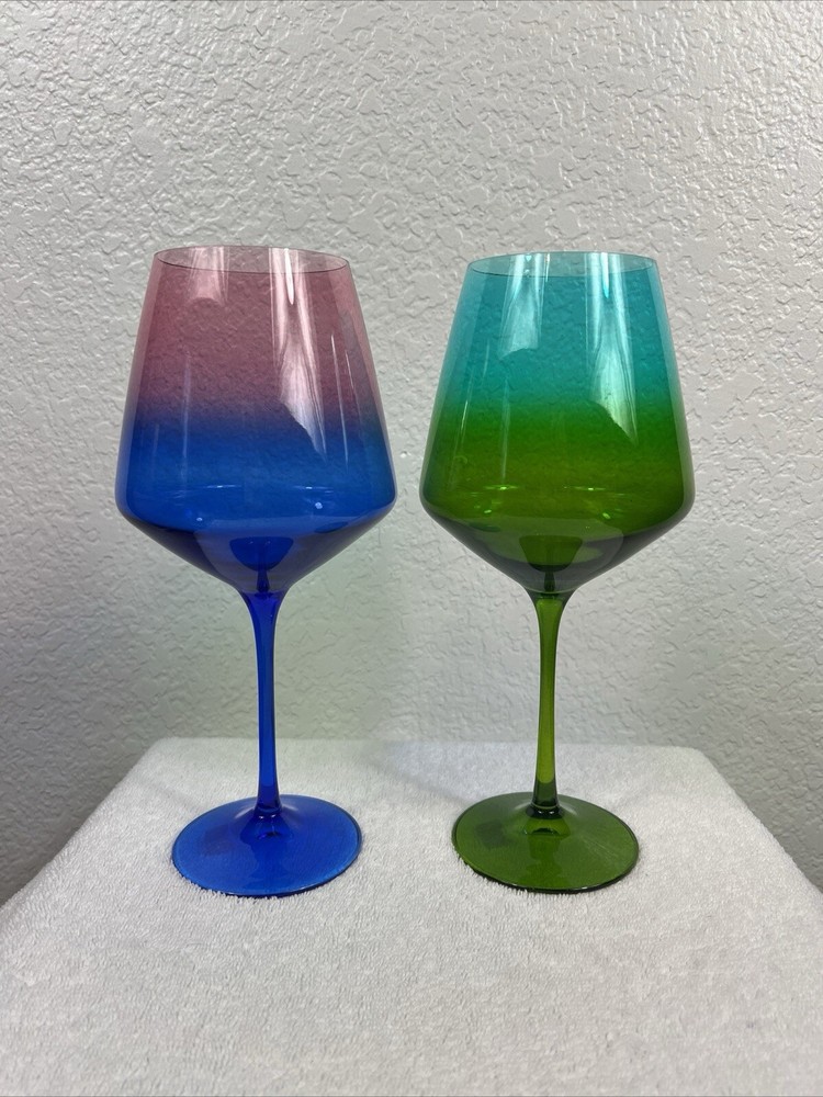 2 RCR Large Italian Wine Glasses Ombre Blue/Pink & Blue/Green New Years Eve