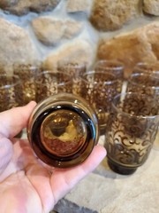 Vintage Amber Etched Floral Art Glass Drinking Glass 4.75”H – large set of 13