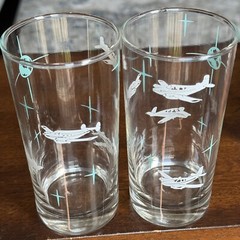 6 VTG Beechcraft Highball Glasses w/ HL Leddy Leather Holders Aviation Theme