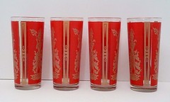 Boho Culver Glass 1960s Red Gold High Ball Set 4 Mid Century Thai Hindu Goddess